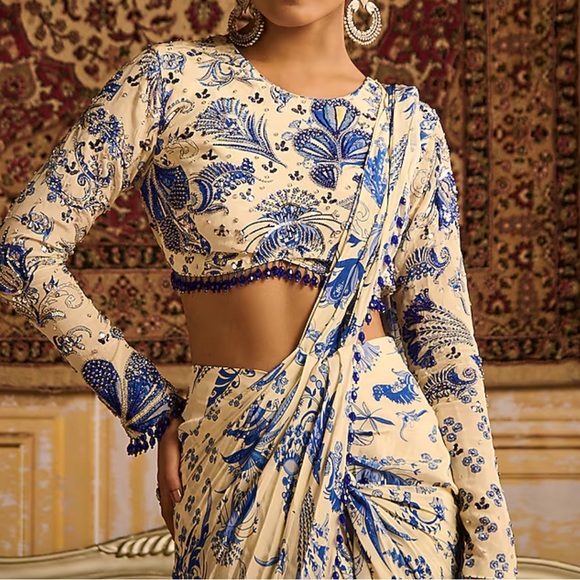 DiyaRajvvir Blue Crepe Floral Jaal Printed Skirt Saree Set / Size M - Picture 4 of 7